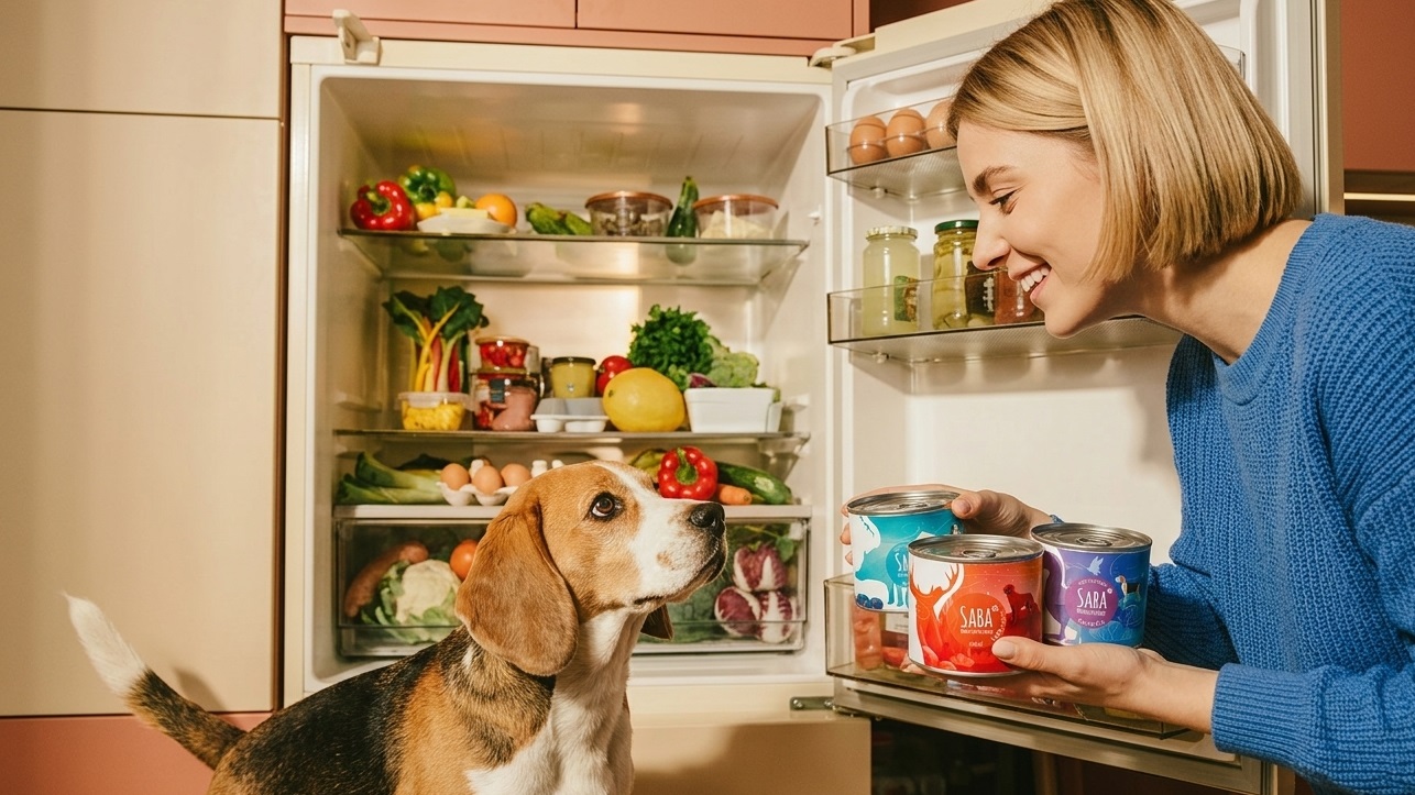 Blondynka w niebieskim swetrze z uśmiechem pokazuje psu rasy beagle trzy puszki karmy Saba - dobra karma dla psa